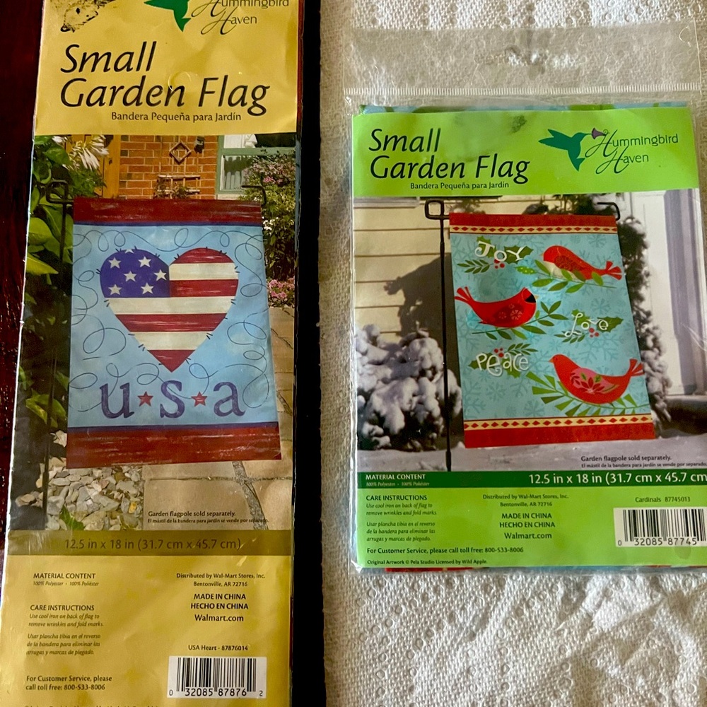 Two small garden flags.